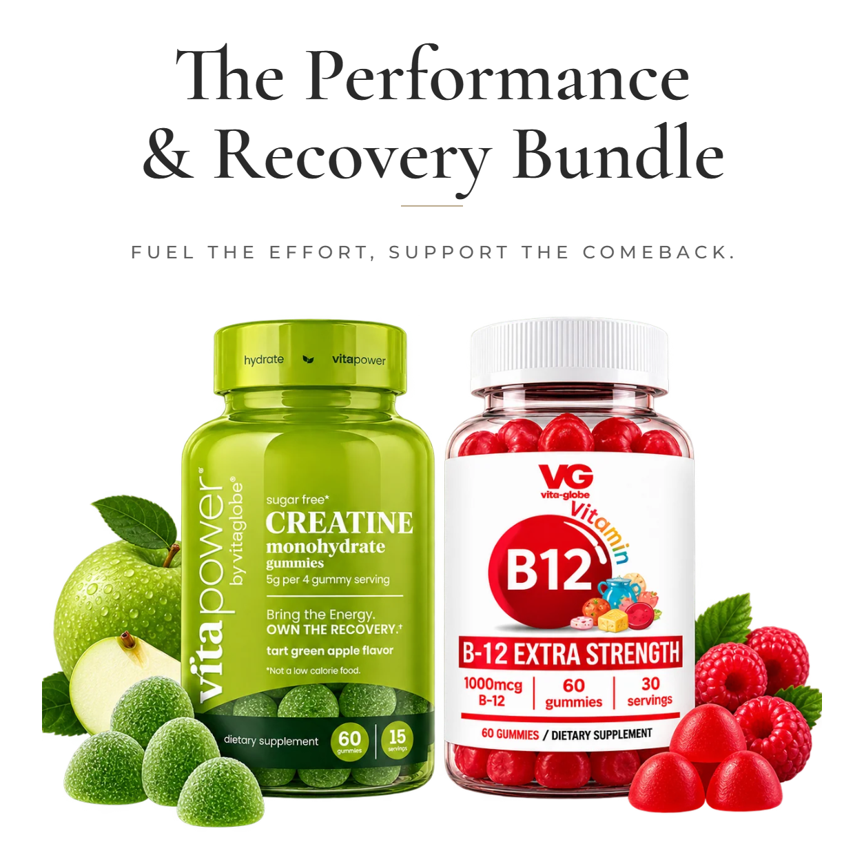 Vita Globe Performance & Recovery Bundle: Creatine Monohydrate and B-12 Extra Strength gummies