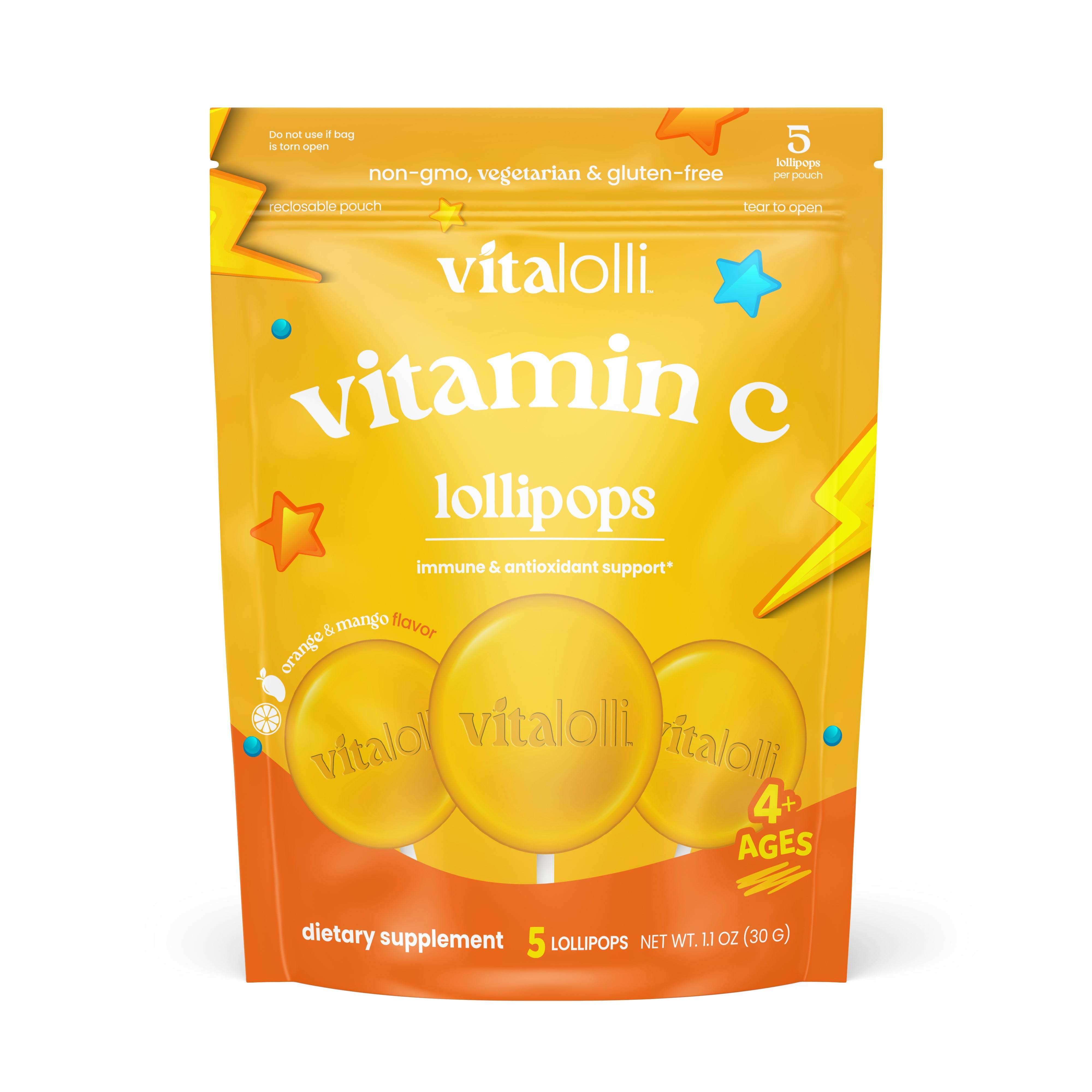 Vitalolli Vitamin C Lollipops pouch, orange and mango flavor, for ages 4 and up