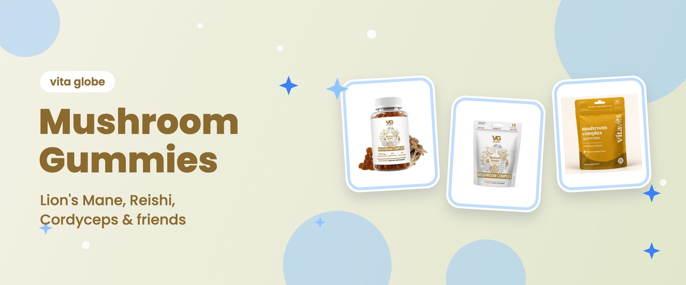 Vita Globe mushroom gummies collection with Lion's Mane, Reishi and Cordyceps