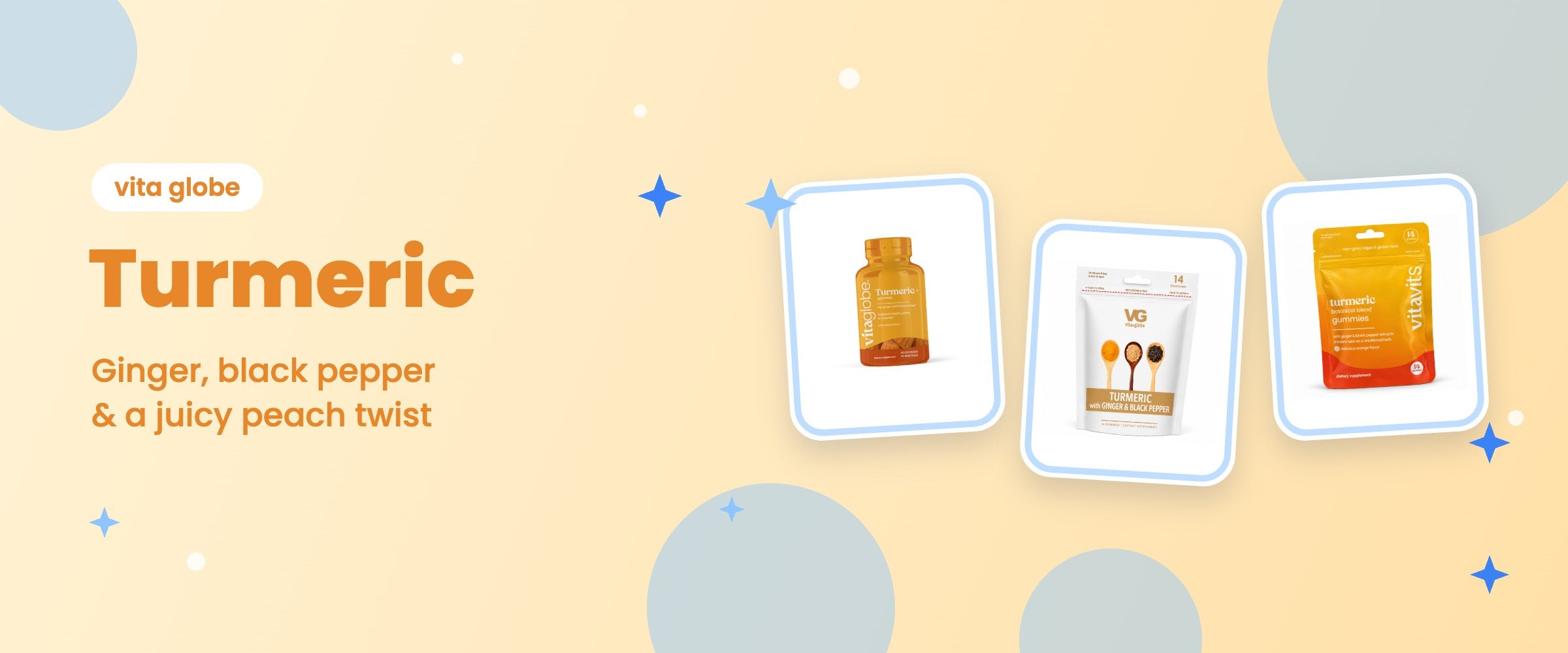 Vita Globe turmeric gummies collection: bottle and pouches