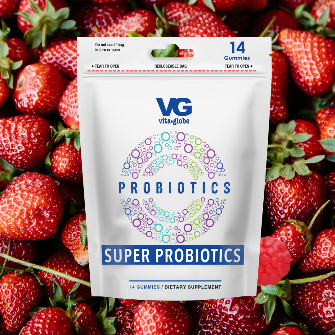 VitaGlobe Probiotics package surrounded by strawberries