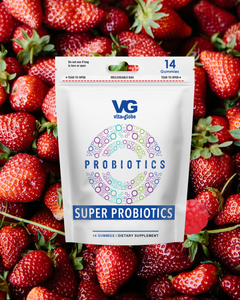 VitaGlobe Probiotics package surrounded by strawberries