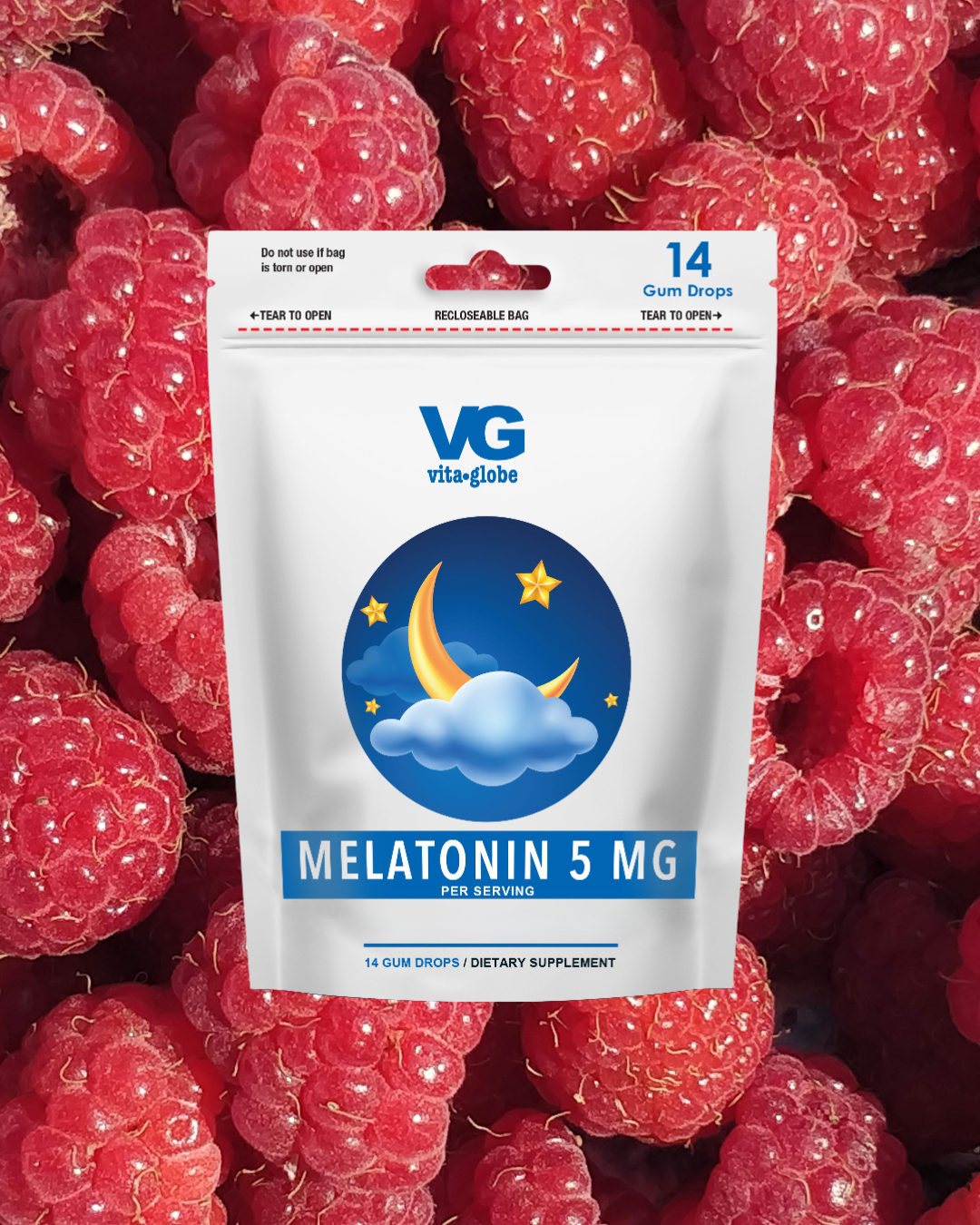 Vita-Globe Melatonin 5 mg supplement package surrounded by raspberries