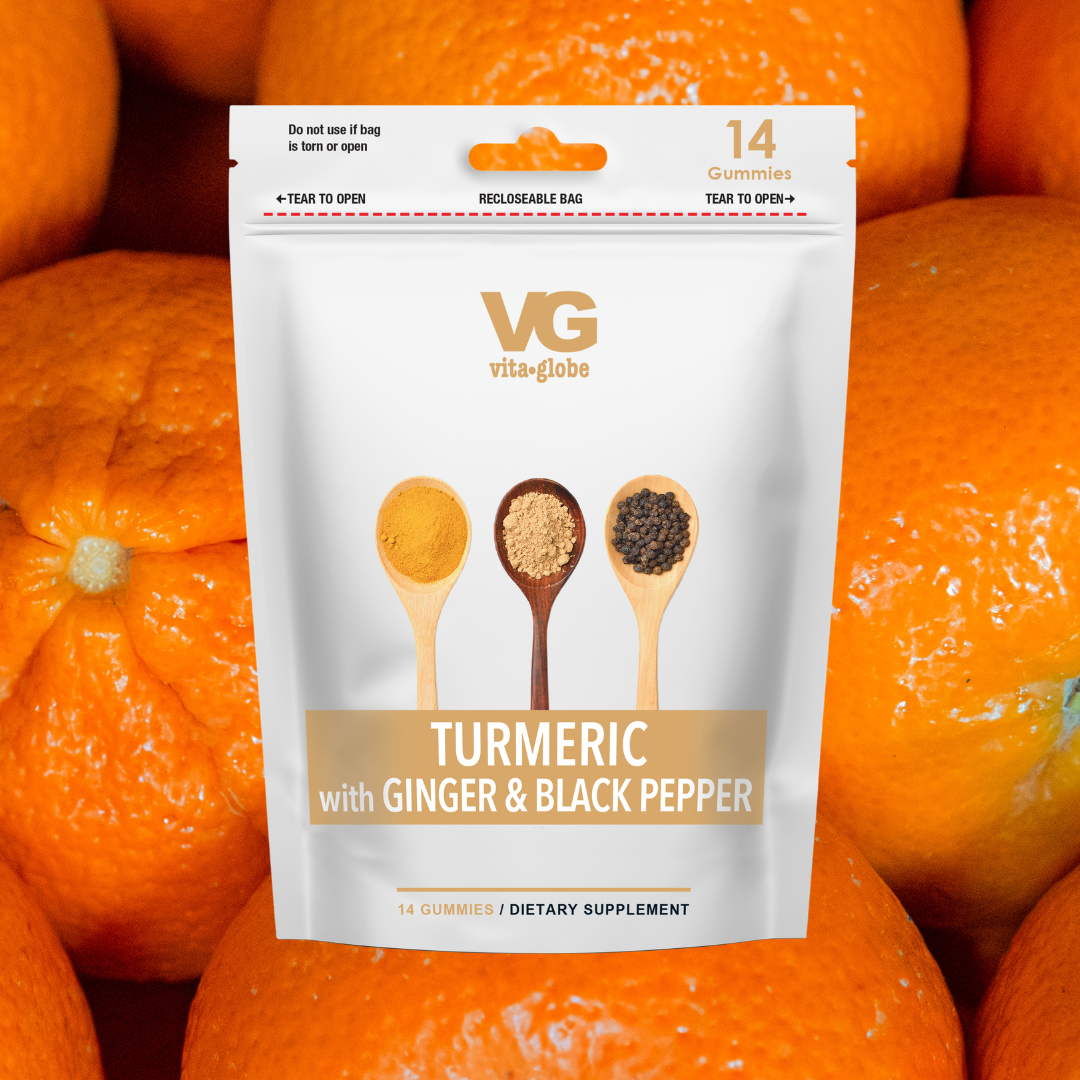 Vita-Globe turmeric supplement package with oranges in the background