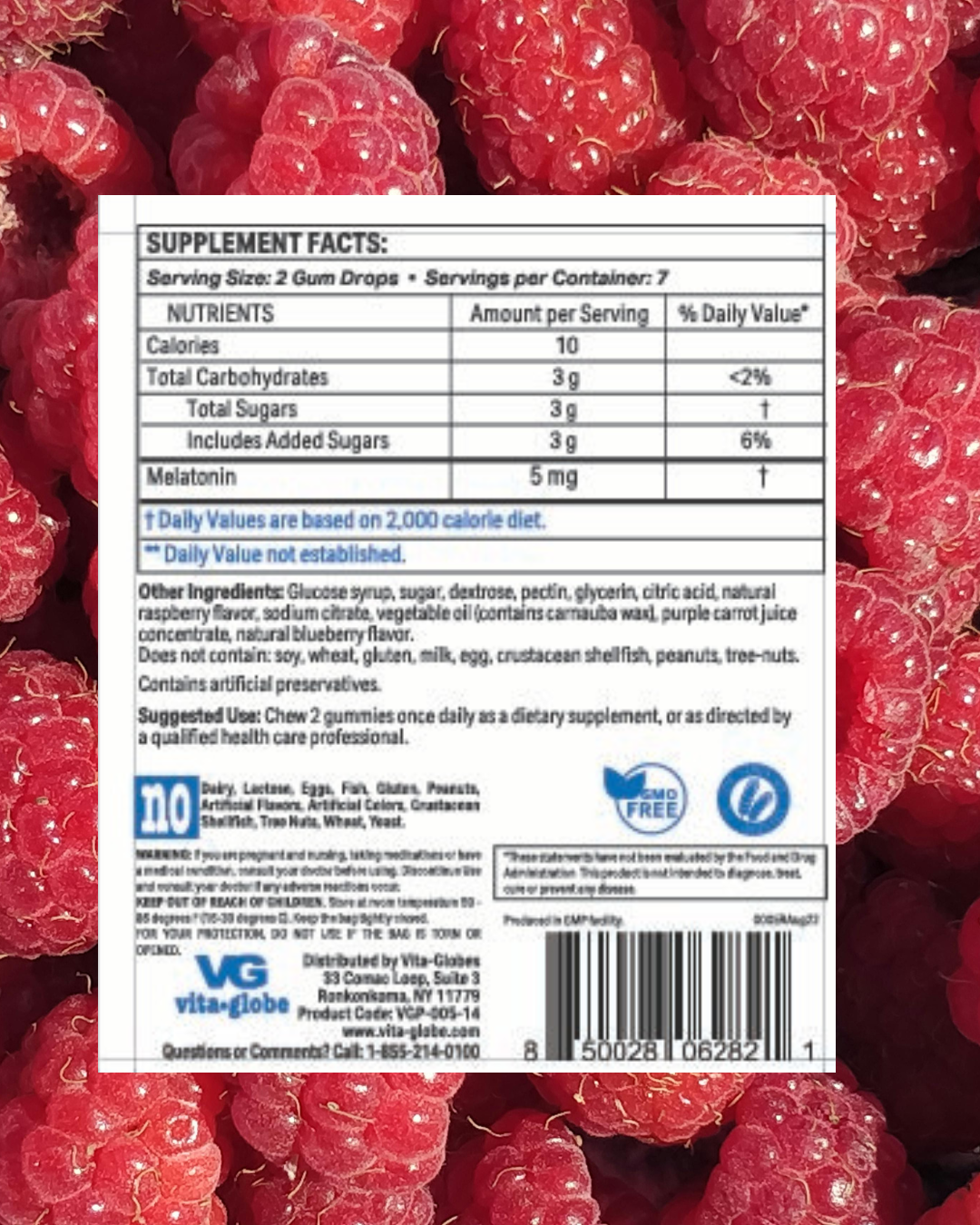 Supplement label on a background of red gummy bears