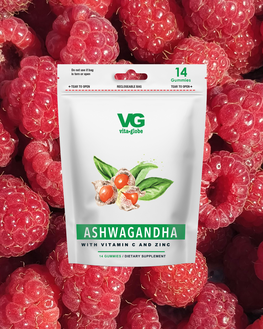 Vita-Globe Ashwagandha supplement package with raspberries