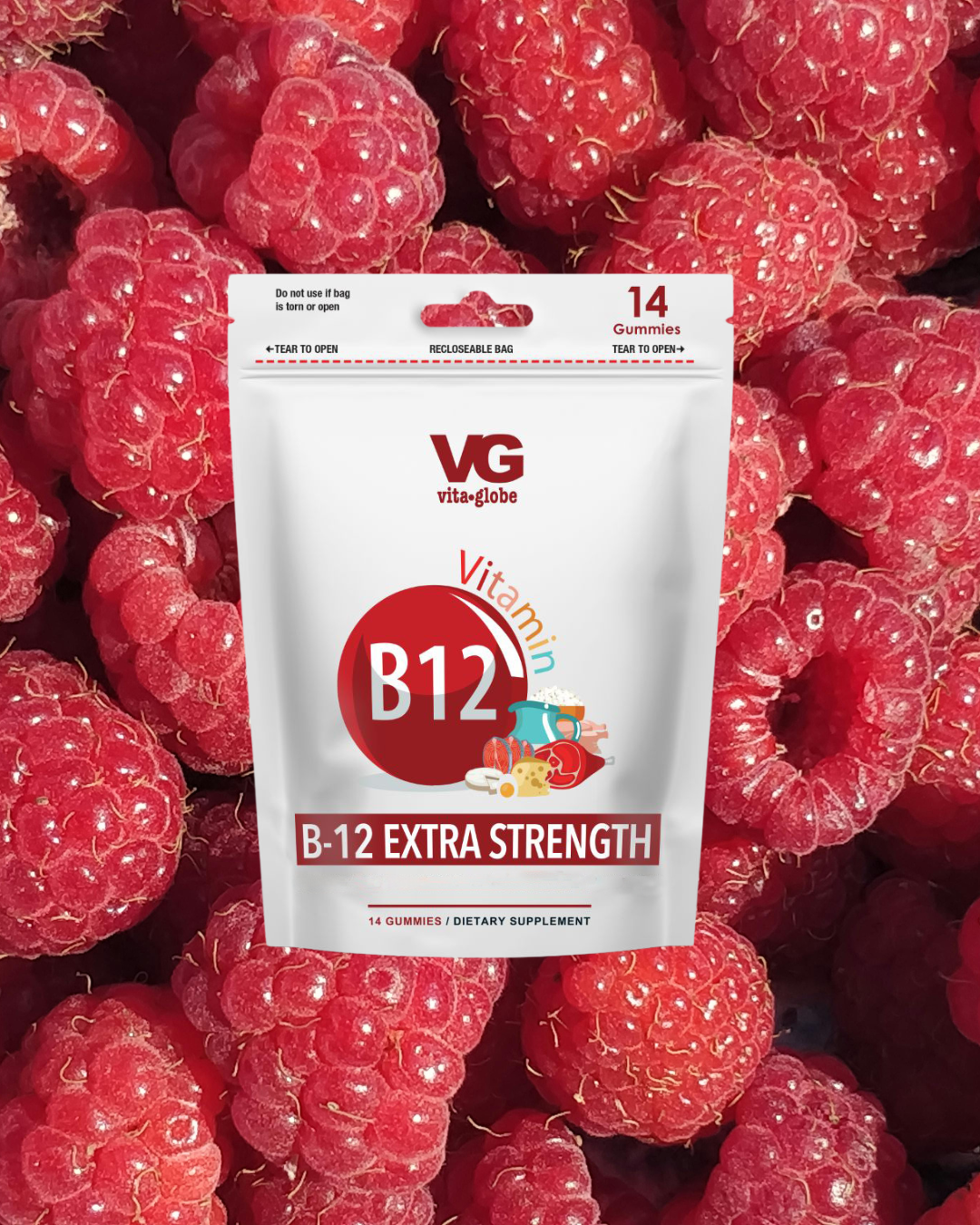 Vita-Glo B12 Extra Strength gummy package surrounded by raspberries