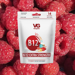 Vita-Glo B12 Extra Strength gummy package surrounded by raspberries