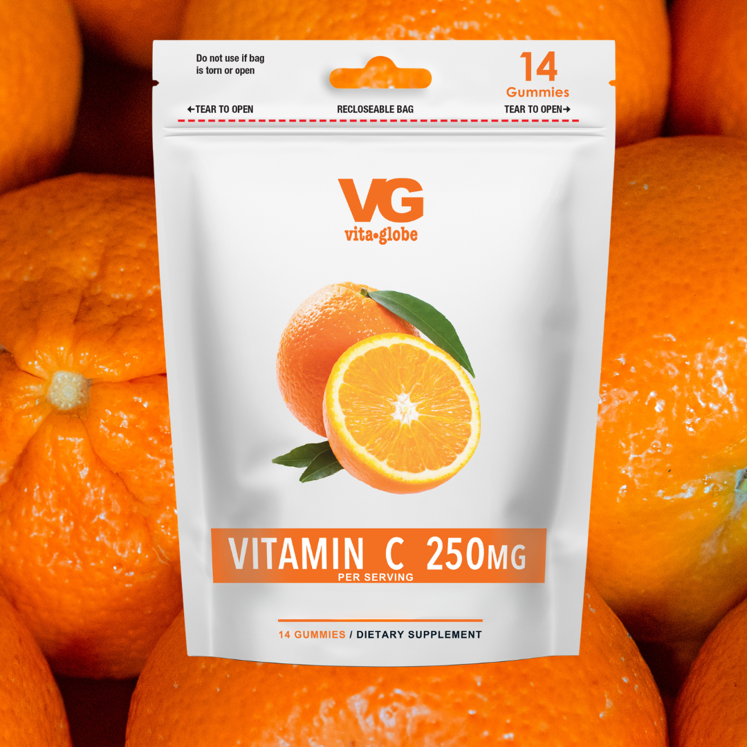 VitaGlobe vitamin C supplement package with oranges in the background