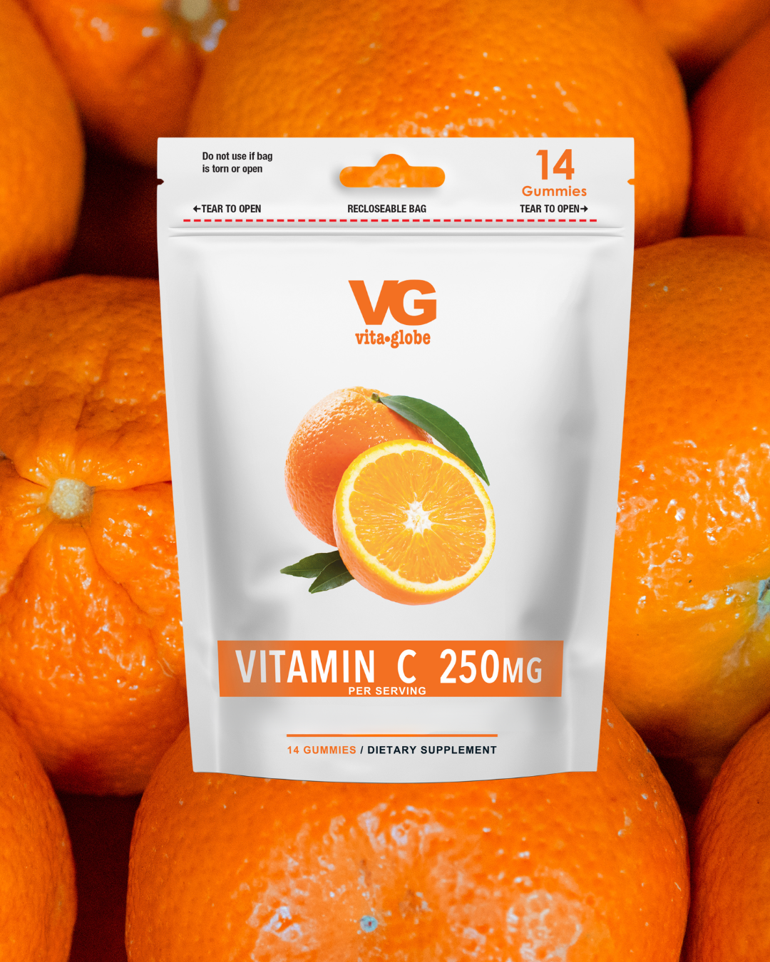 VitaGlobe vitamin C supplement package with oranges in the background