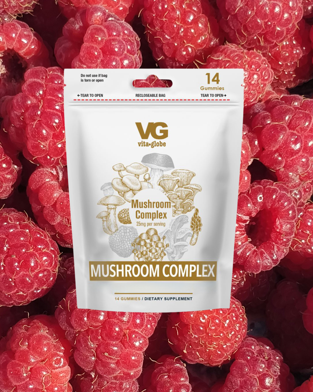 Vita Globe Mushroom Complex supplement package on raspberries