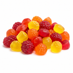 A pile of colorful gummy candies shaped like raspberries and smooth round gummies, in red, orange, yellow, and translucent amber tones, photographed on a clean white background.