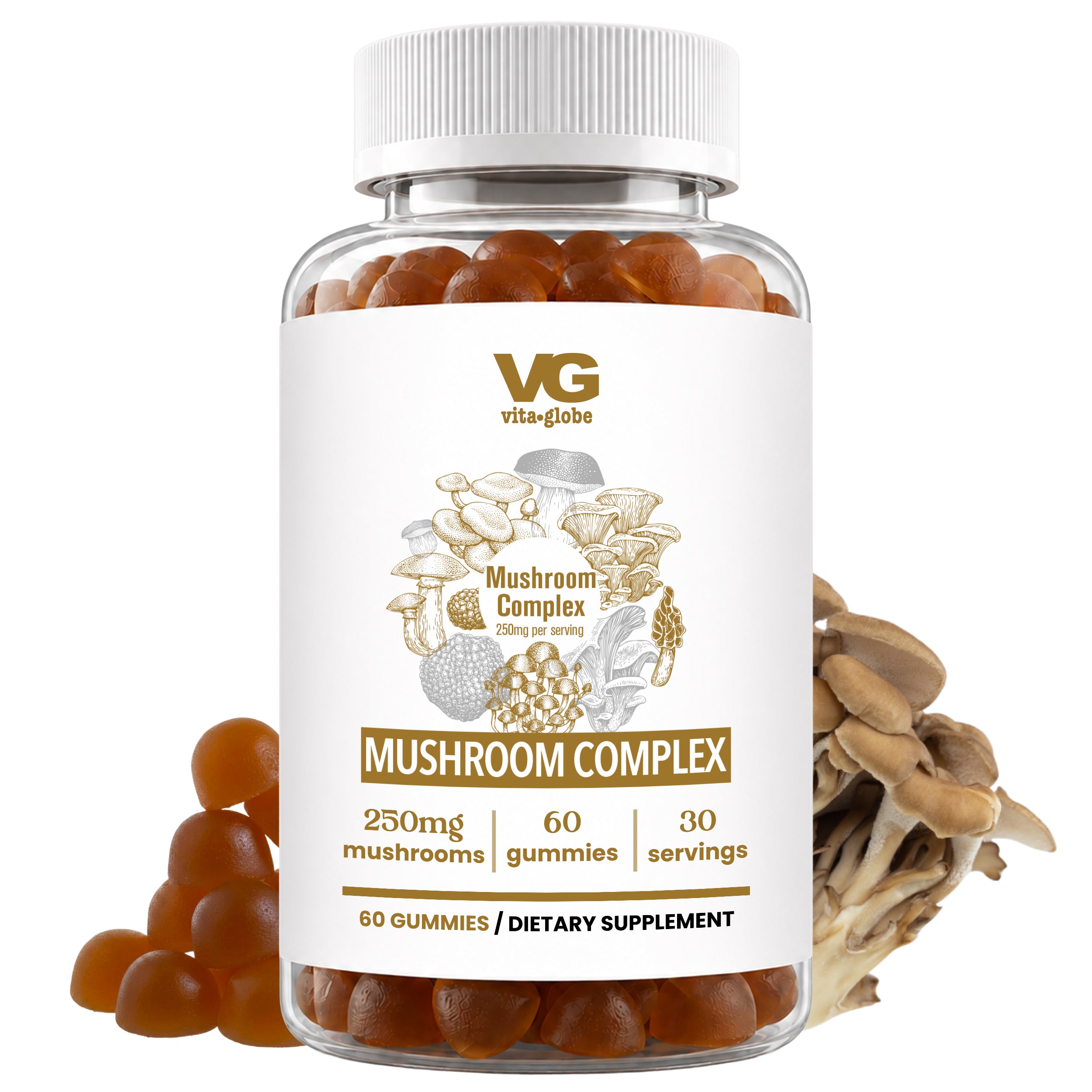 Vita-Globe Mushroom Complex gummy supplement bottle on a white background