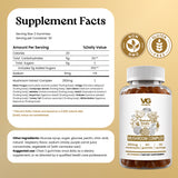 A supplement facts label for VG VITA GLOBE Mushroom Complex gummies, displayed on a beige background alongside a product box mockup. The label contains nutritional information, ingredients, and a 'Non-GMO' and 'Gluten Free' seal.