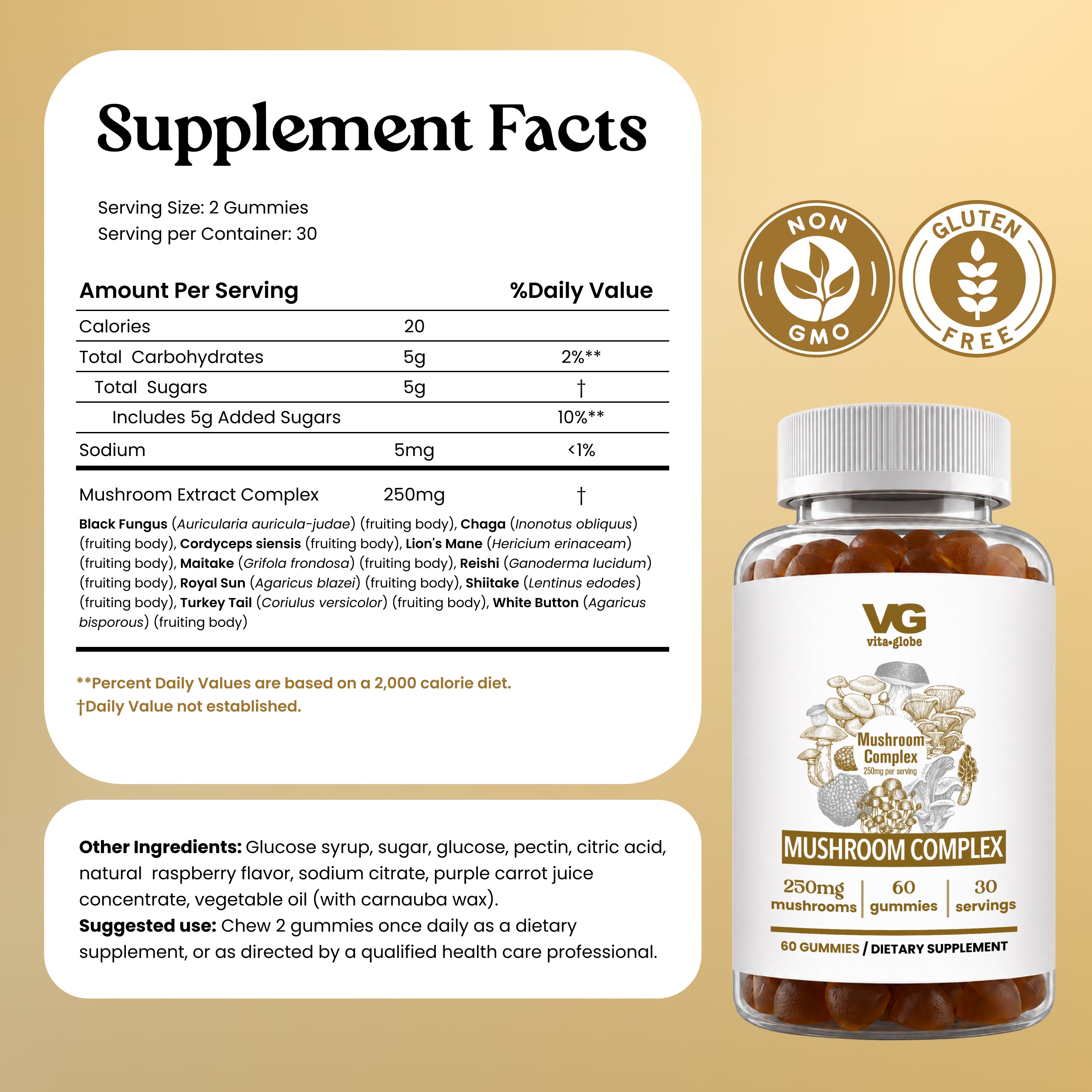 A supplement facts label for VG VITA GLOBE Mushroom Complex gummies, displayed on a beige background alongside a product box mockup. The label contains nutritional information, ingredients, and a 'Non-GMO' and 'Gluten Free' seal.