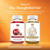 Two supplement bottles labeled 'B-12 Extra Strength' and 'Mushroom Complex' on an orange background with Vitaglobe branding.