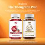 Two Vita globe dietary supplement bottles on an orange gradient background: Vita globe B-12 Extra Strength and a Mushroom Complex gummy bottle. Promotional text above reads 'The Thoughtful Pair'.