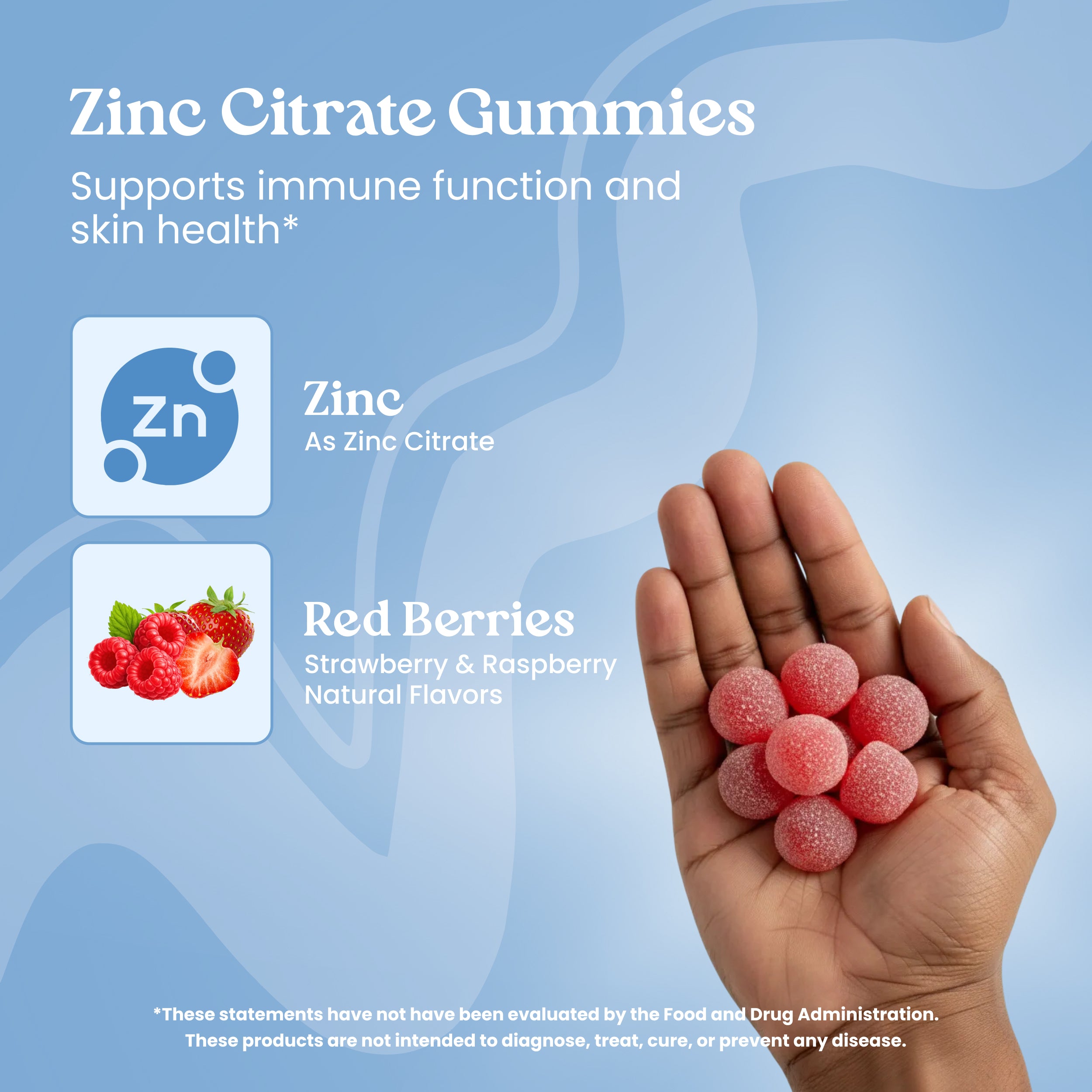 Zinc Citrate Gummies with red berries held in a hand against a blue background