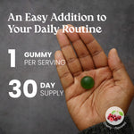 Hand holding a gummy with text about daily routine and supply on a dark background