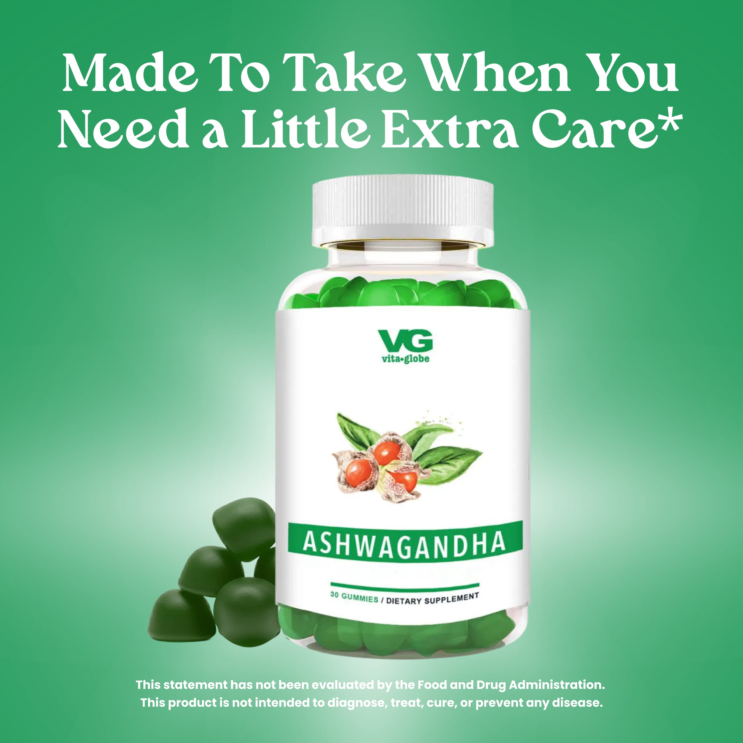 Vita-Glo Ashwagandha supplement bottle on a green background with text about extra care.