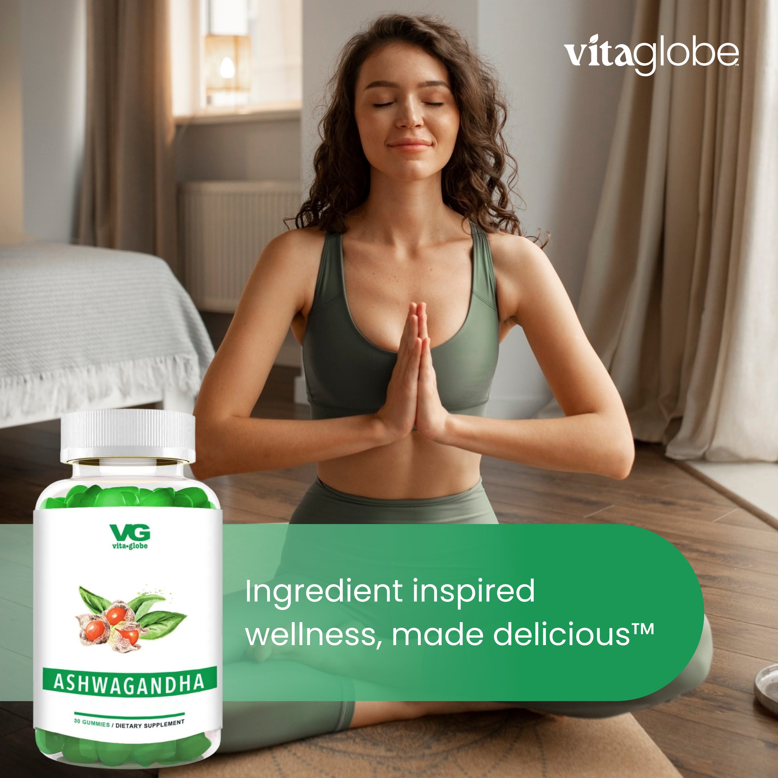Woman in a yoga pose with a bottle of Vitaglobe Ashwagandha supplement in a home setting.