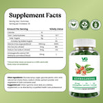 A supplement facts label for VG Vita Globe Ashwagandha gummies, shown on a light green background alongside a bottle of the product. The label includes serving size, daily value percentages, other ingredients, and certification icons for vegan, non-GMO, and gluten free.