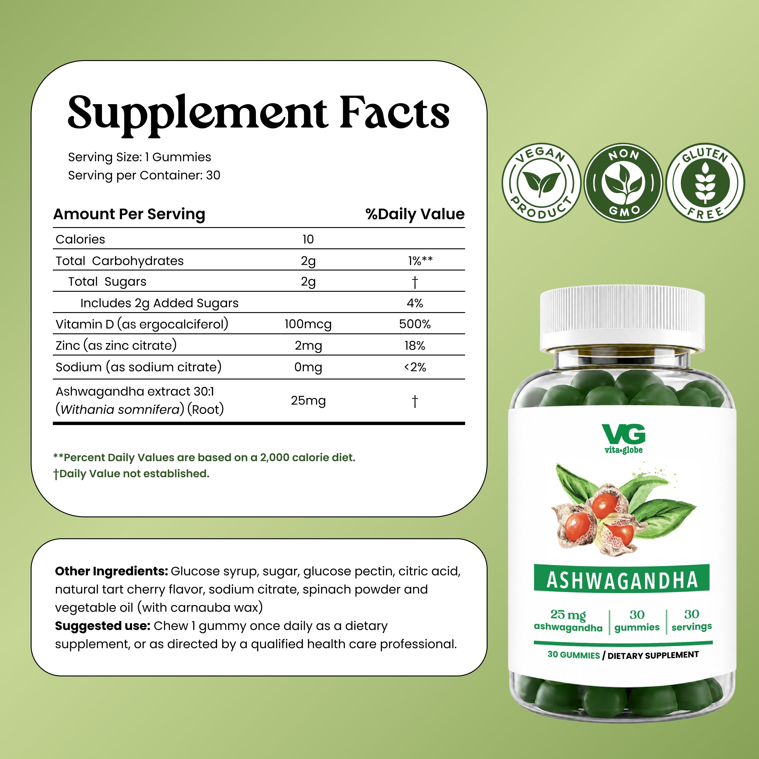 A supplement facts label for VG Vita Globe Ashwagandha gummies, shown on a light green background alongside a bottle of the product. The label includes serving size, daily value percentages, other ingredients, and certification icons for vegan, non-GMO, and gluten free.