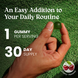 A hand holds a single green gummy candy against a textured green towel background, with large white text reading 'An Easy Addition to Your Daily Routine,' '1 GUMMY PER SERVING,' and '30 DAY SUPPLY,' plus a cherry-flavored logo in the lower right.