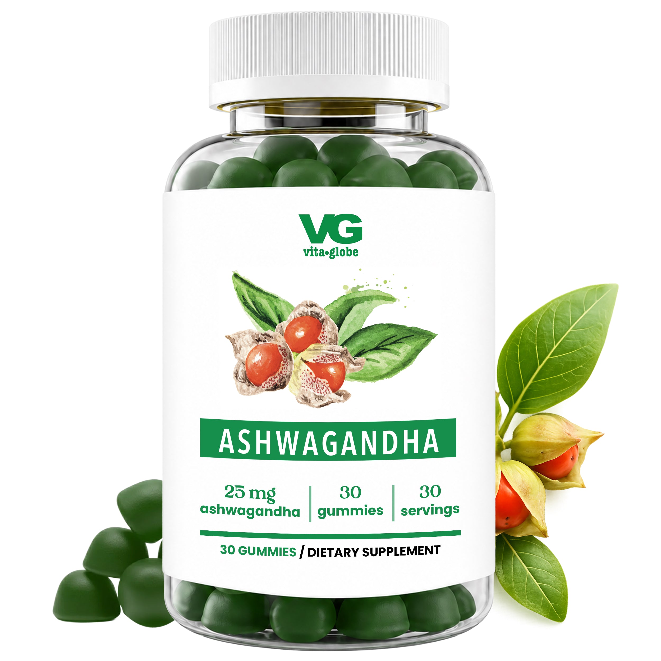 A bottle of VG Vita Globe Ashwagandha dietary supplement gummies, shown with green gummies inside a clear bottle, a white cap, and botanical illustrations of ashwagandha on the label. Green leaves and berries are also depicted on the right side of the bottle.