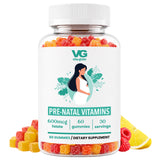 A clear plastic bottle of VG Vita-Globe Pre-Natal Vitamins gummies, filled with colorful fruit-flavored gummies and surrounded by loose gummies, raspberries, and lemon slices on a white background.