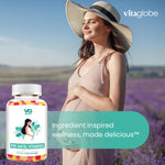Woman in a sun hat standing in a lavender field with a bottle of pre-natal vitamins from VitaGlobe.