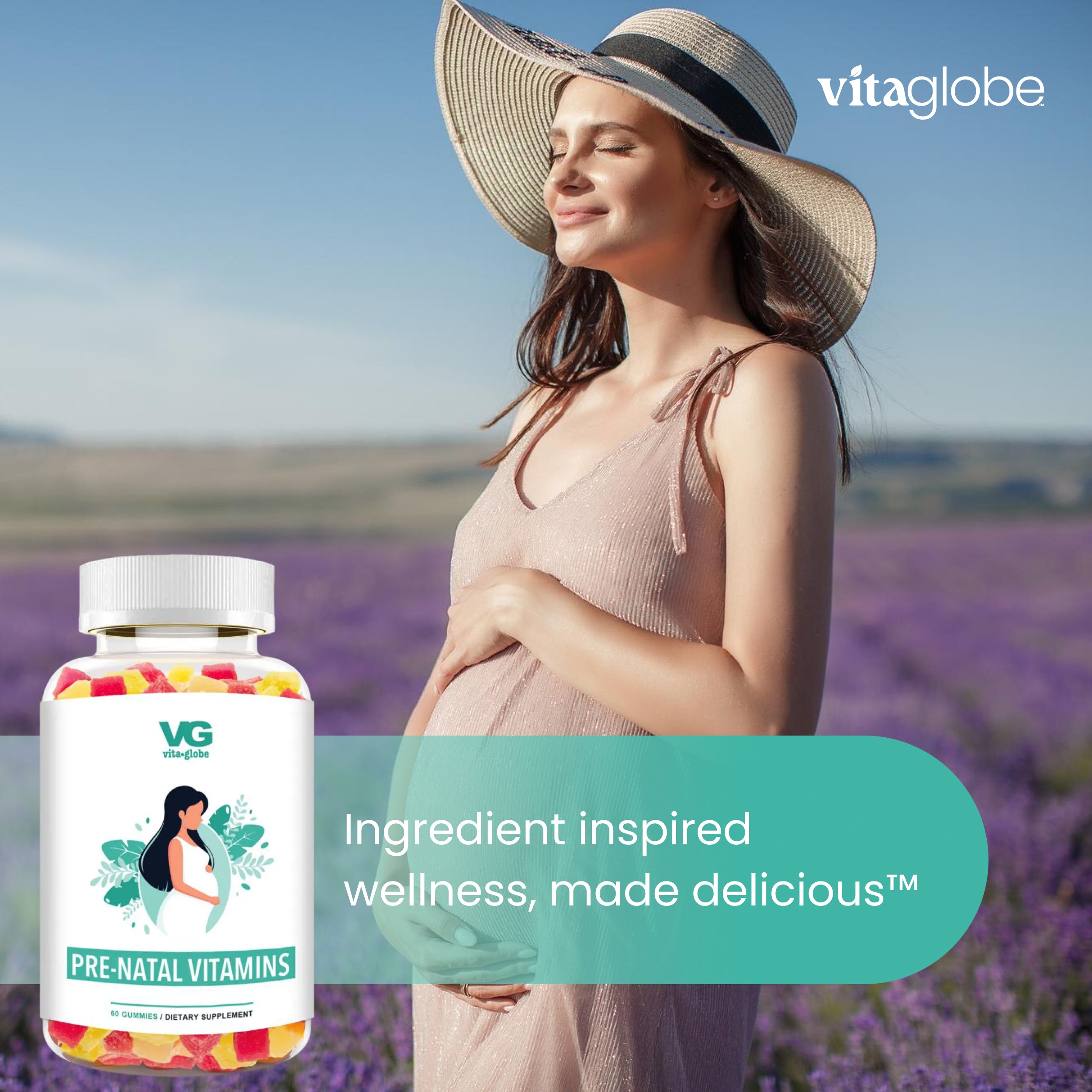 Woman in a sun hat standing in a lavender field with a bottle of pre-natal vitamins from VitaGlobe.