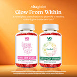 Vita Globe product image featuring two supplement bottles on an orange background under the headline “Glow From Within.” The image shows Hair, Skin & Nails Gummies with collagen and Superfoods Vitamins displayed side by side, highlighting a bundled pairing for everyday use, with FDA disclaimer text shown at the bottom.