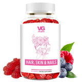 Supplement bottle labeled 'Hair, Skin & Nails' with a VG logo on a white background