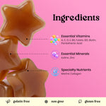 A pink ingredients graphic showing several glossy amber-brown star-shaped gummies on the left, with text listing Essential Vitamins, Essential Minerals, and Specialty Nutrients. Small icons appear next to each ingredient category, and a pale beige strip at the bottom reads gelatin free, non gmo, and gluten free.