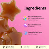 A pink ingredients graphic showing several glossy amber-brown star-shaped gummies on the left, with text listing Essential Vitamins, Essential Minerals, and Specialty Nutrients. Small icons appear next to each ingredient category, and a pale beige strip at the bottom reads gelatin free, non gmo, and gluten free.