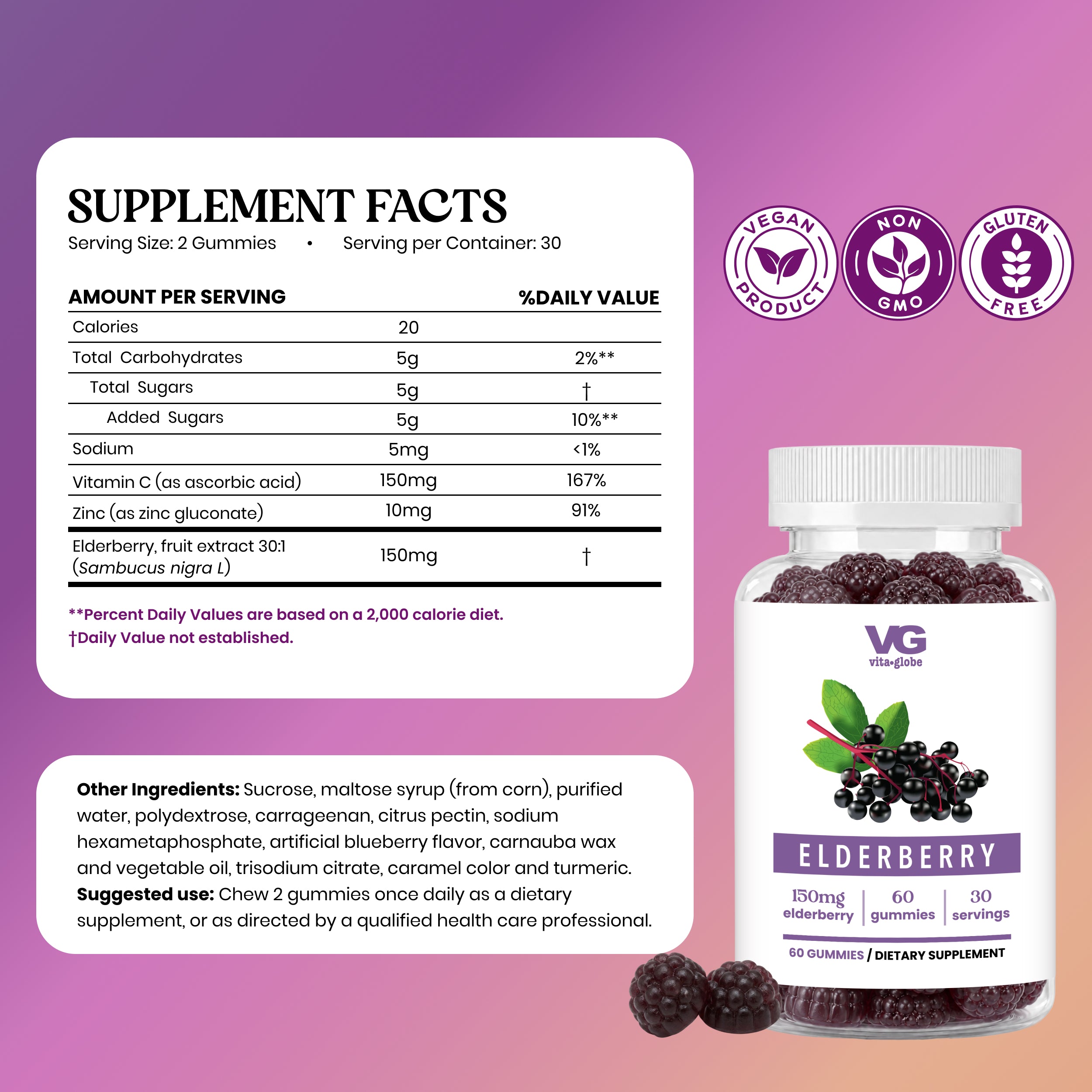 A bottle of VG Elderberry dietary supplement with a white label and black text, shown next to a supplement facts panel on a pink-to-purple gradient background. The label features an elderberry illustration and icons indicating vegan, non-GMO, and gluten-free.