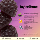 Ingredients graphic for a supplement featuring a close-up of dark purple elderberries on the left, with text listing Elderberry Extract (150mg), Vitamin C (150mg), and Zinc (10mg) on a pink-to-peach gradient background.