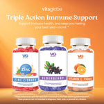 Three Vitaglobe immune support supplement bottles on an orange background