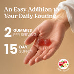 Promotional graphic showing a hand holding two red gummy candies against a warm beige background, with text reading 'An Easy Addition to Your Daily Routine,' '2 Gummies Per Serving,' and '15 Day Supply,' plus an Apple-Flavored logo in the bottom right.