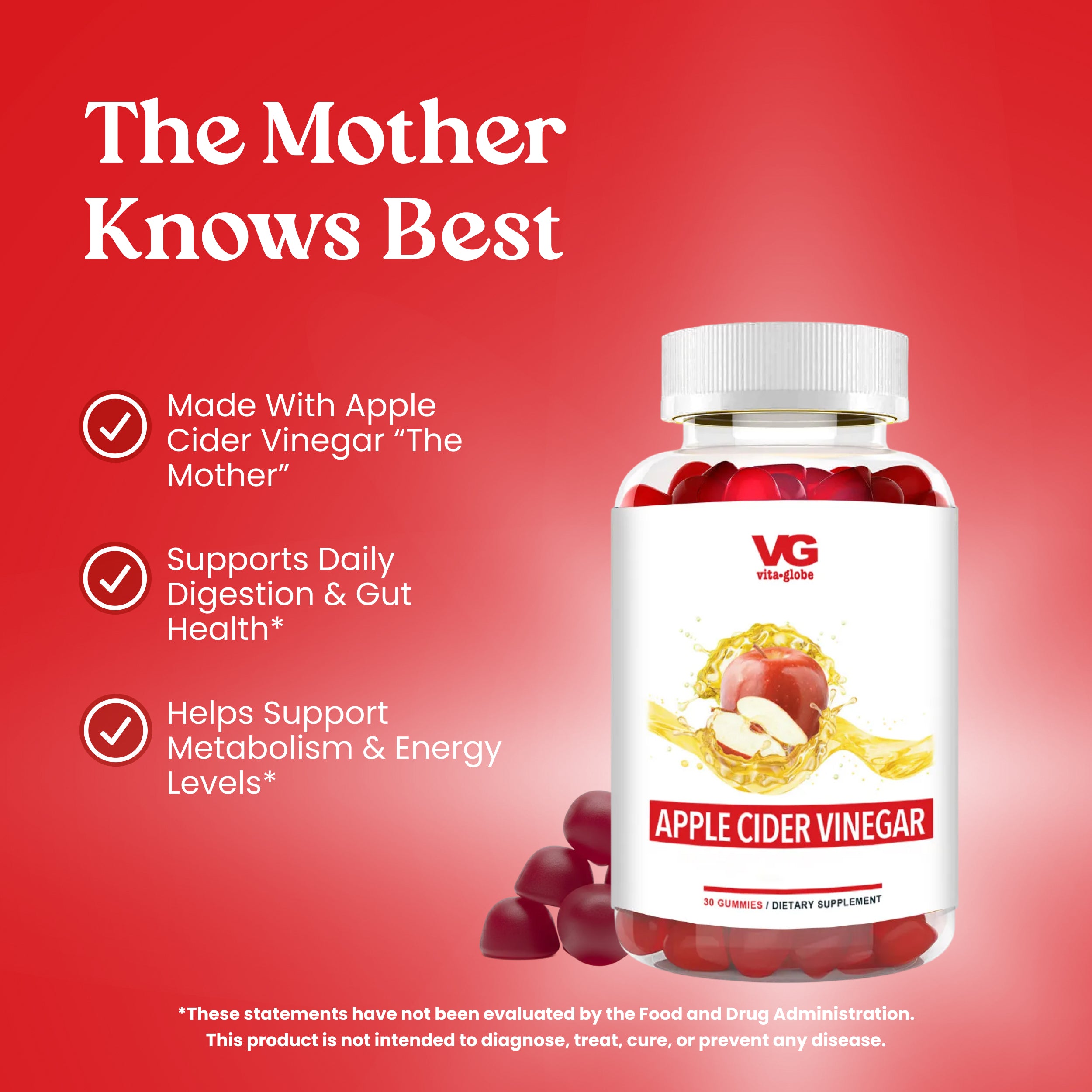 Apple cider vinegar supplement bottle with red background and text about benefits