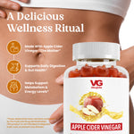 A bottle of VG Vita Globe Apple Cider Vinegar gummies held against a background showing a close-up of a person's midsection. The image includes marketing text and icons highlighting benefits of apple cider vinegar.