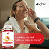Woman exercising with a bottle of Vitaglobe Apple Cider Vinegar supplement in the foreground.