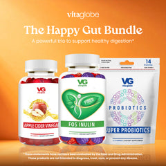 Vitaglobe Happy Gut Bundle with supplement bottles and packaging on an orange background