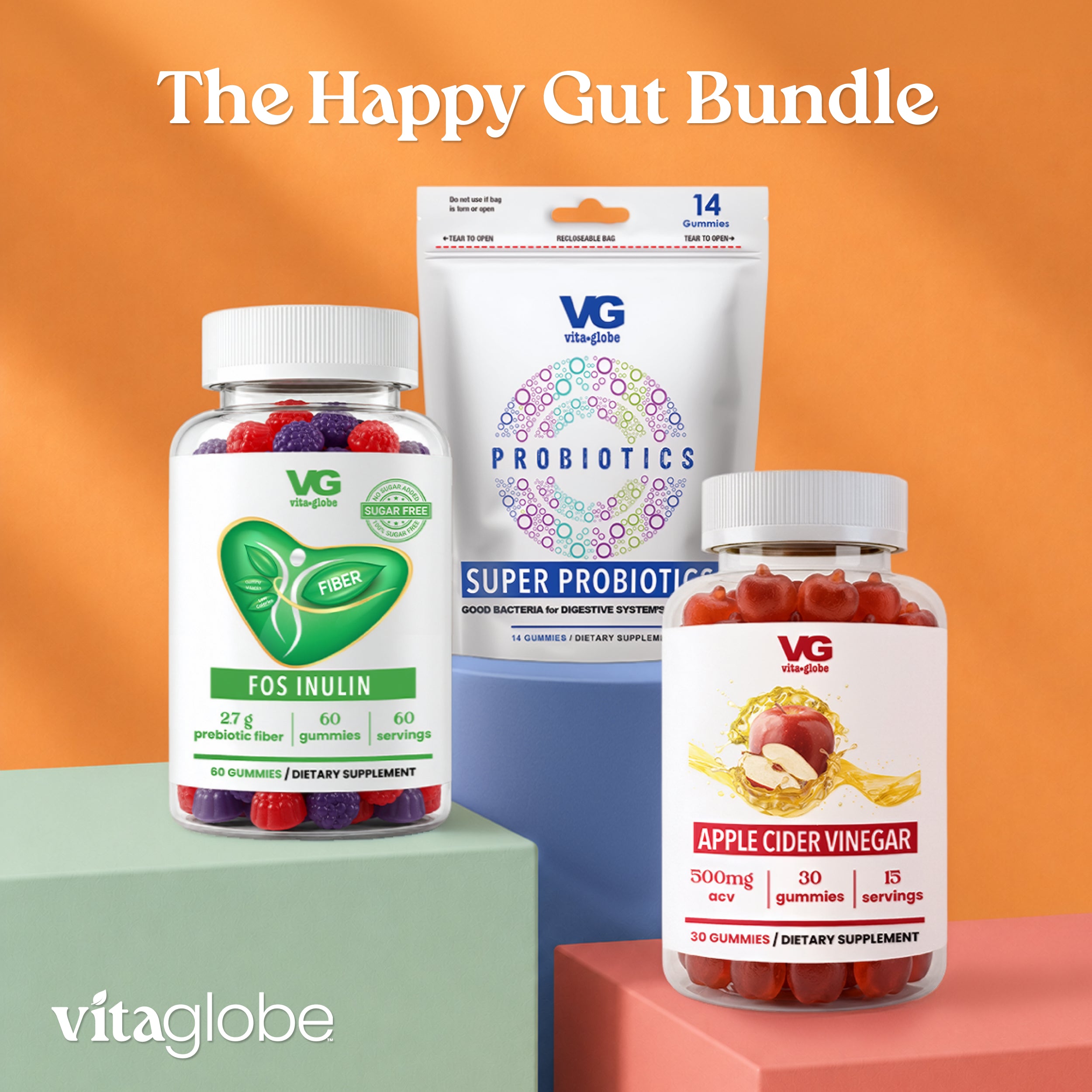 Three Vitaglobe supplement products arranged together on pastel blocks against an orange gradient background, with the text 'The Happy Gut Bundle' at the top. The products include a white probiotic pouch and two white plastic bottles of dietary supplements labeled Fos Insulin, Probiotics, and Apple Cider Vinegar.