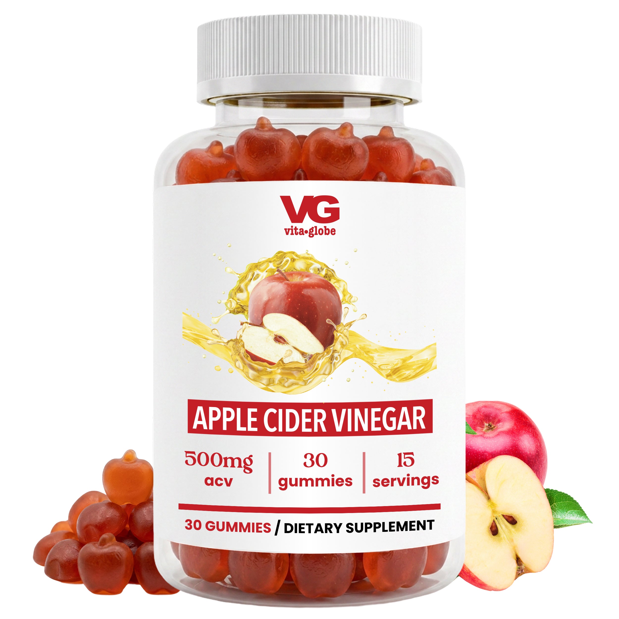A bottle of VG VitaGlobe Apple Cider Vinegar dietary supplement gummies, shown with red apple slices and whole apples on a clean white background.