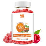 Vita-Globe magnesium citrate gummy supplement bottle with red gummies on a white background
