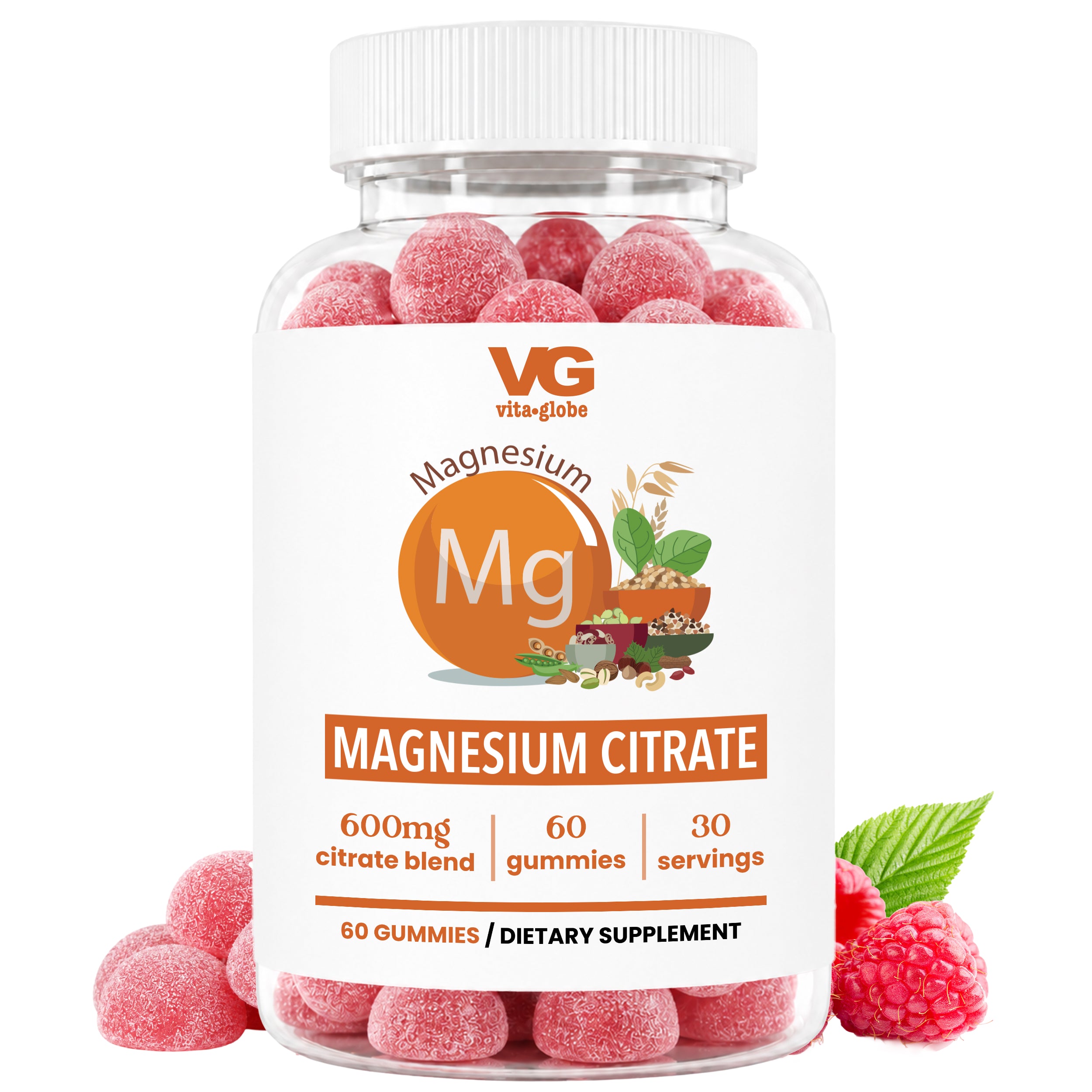 A clear plastic bottle of VG Vita Globe Magnesium Citrate dietary supplement gummies, shown with white raspberry garnish on a clean white background.