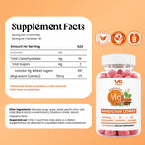 Supplement Facts label for Magnesium Citrate gummies (70mg magnesium citrate per serving) next to the product bottle, with vegan, non-GMO, and gluten-free badges.
