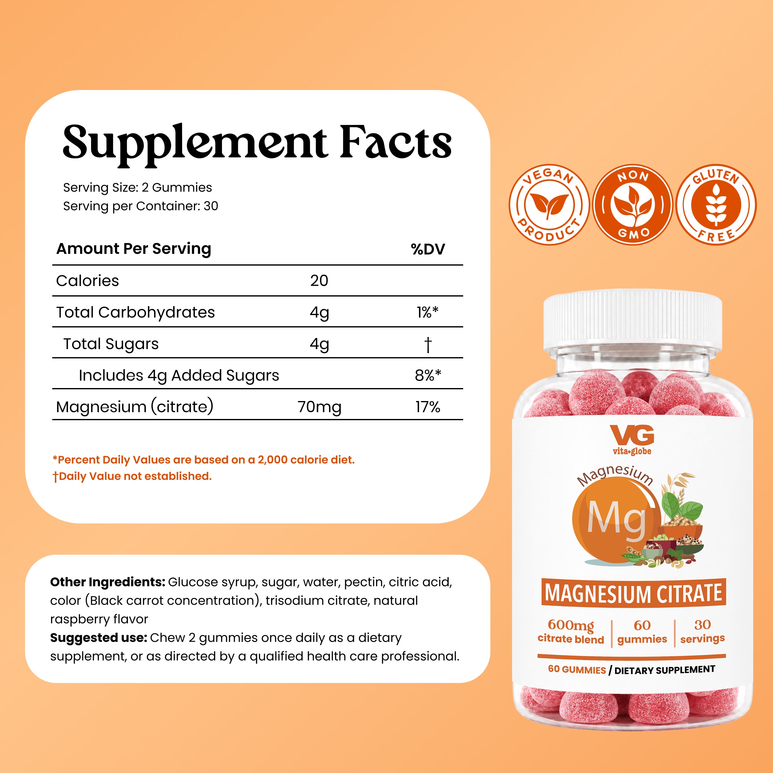 Supplement Facts label for Magnesium Citrate gummies (70mg magnesium citrate per serving) next to the product bottle, with vegan, non-GMO, and gluten-free badges.